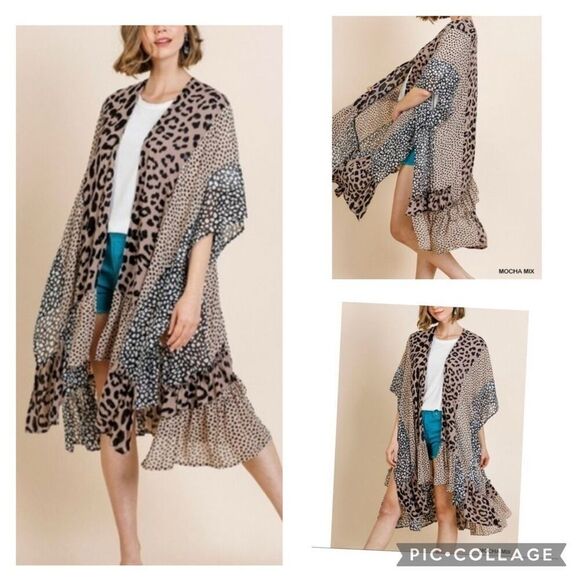 Umgee Mixed animal print leopard ruffle trim kimono duster - Picture 1 of 9